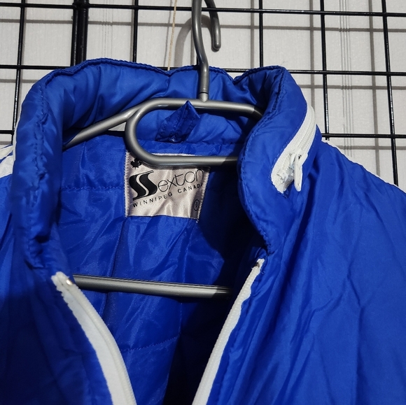 Vintage BLUE puffer Style Canadian JACKET With Hood Track Style - Picture 2 of 6